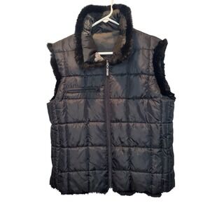 Montanaco Womens Black Reversible Puffer Vest Faux Fur Floral Jacquard Large